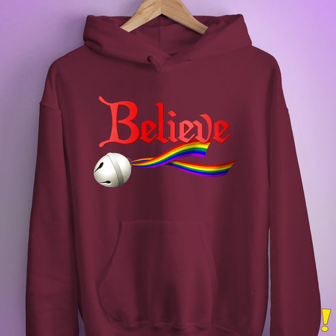 Believe LGBTQ Rainbow Pride Jingle Bell Hoodie - Maroon